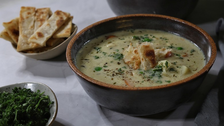 bowl of chicken pot pie soup