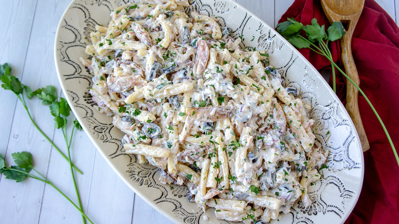 bowl of creamy pasta salad