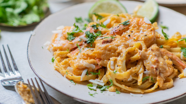 plate of creamy shrimp diablo