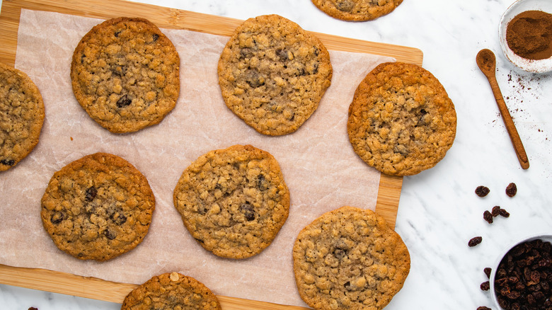 Baked oatmeal raisin cookies on board