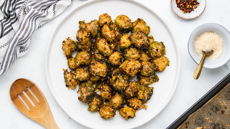 Crispy smashed Brussels sprouts on a plate