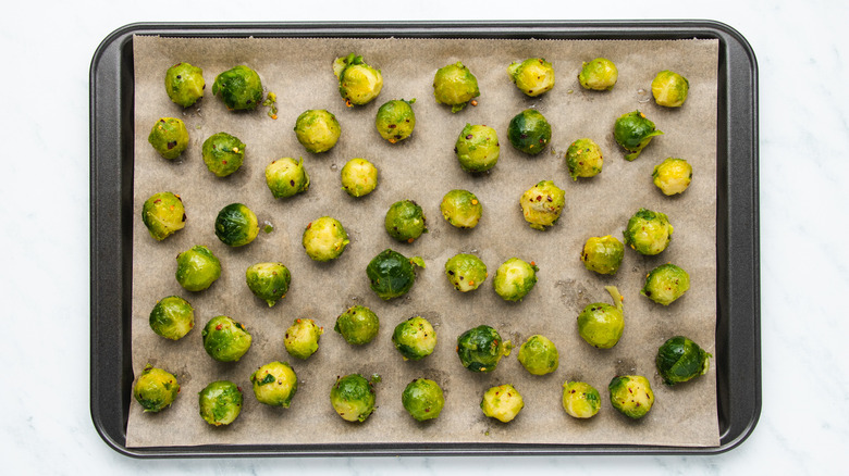 Brussels sprouts on baking sheet