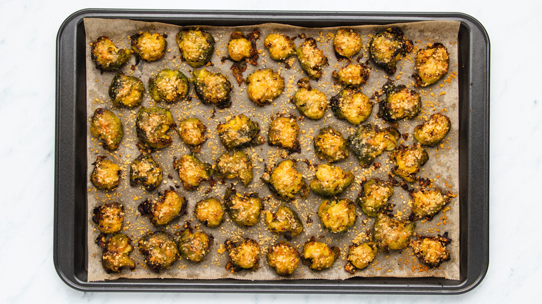 Crispy smashed Brussels sprouts on baking sheet