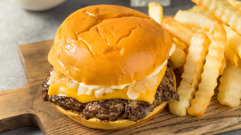 Closeup of a ButterBurger and fries