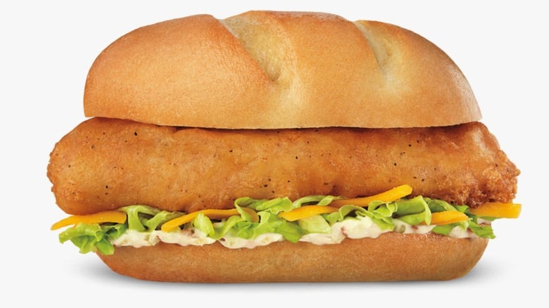 Culver's breaded Walleye fish sandwich on white background