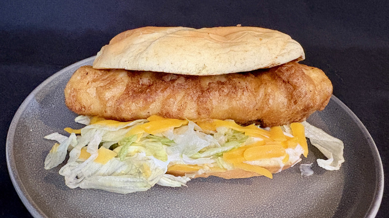 Culver's fish sandwich on gray plate