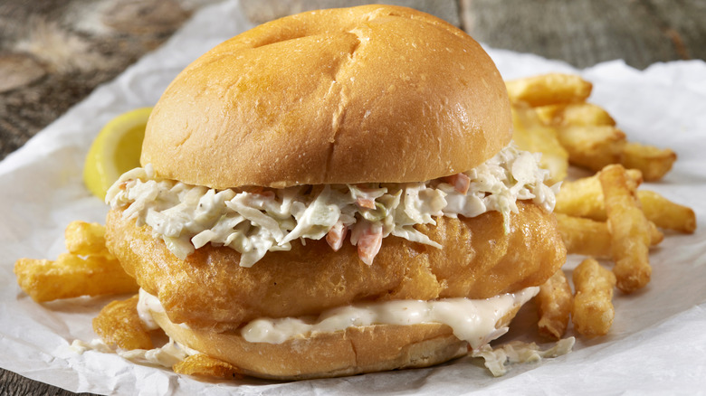 Culver's fish filet topped with cole slaw on bun