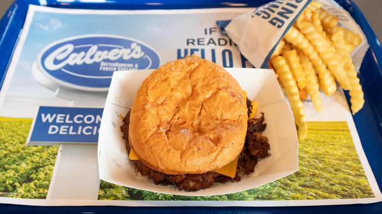 Burger and fries on a Culver's tray