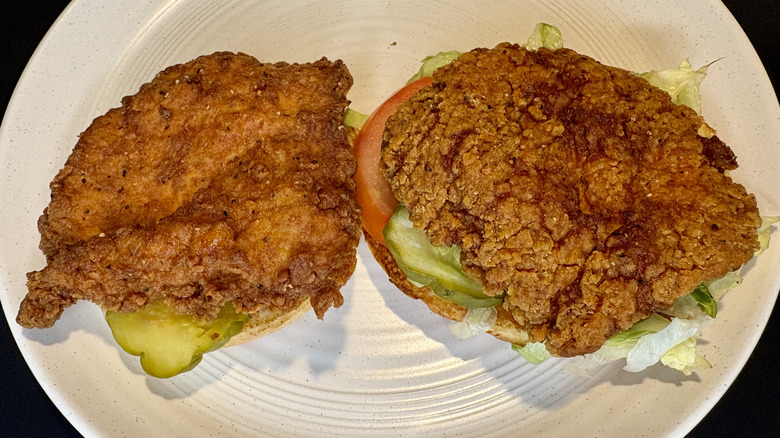 Top down view of two spicy chicken sandwiches with the buns removed