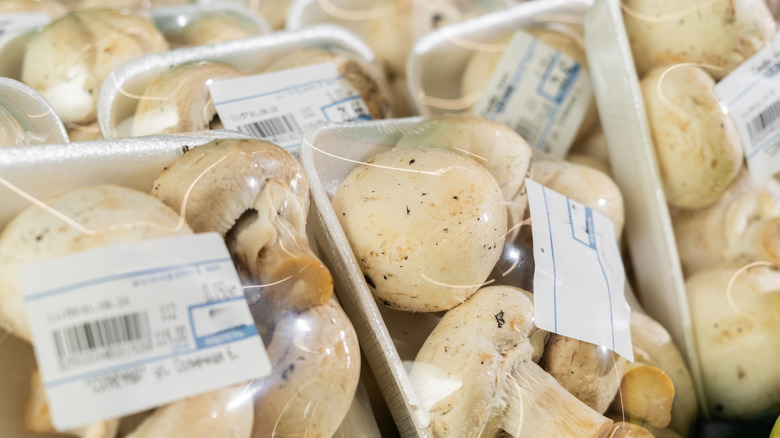 Mushrooms wrapped in plastic