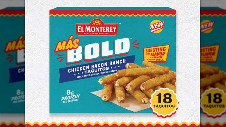 Box of frozen El Monterey chicken bacon ranch taquitos