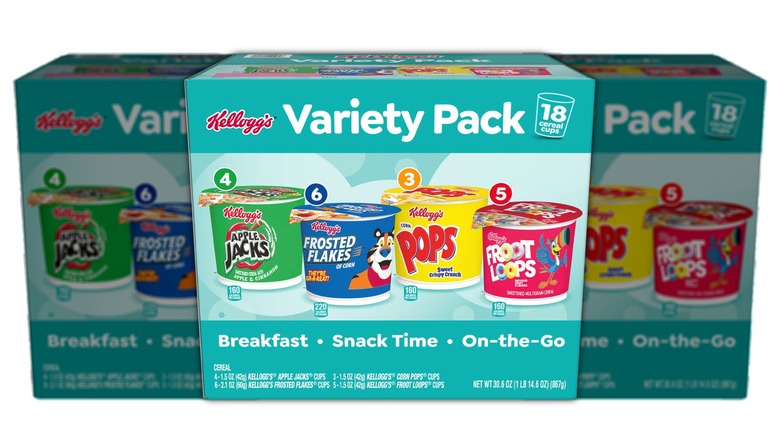 Variety pack of single-serving cereal cups.