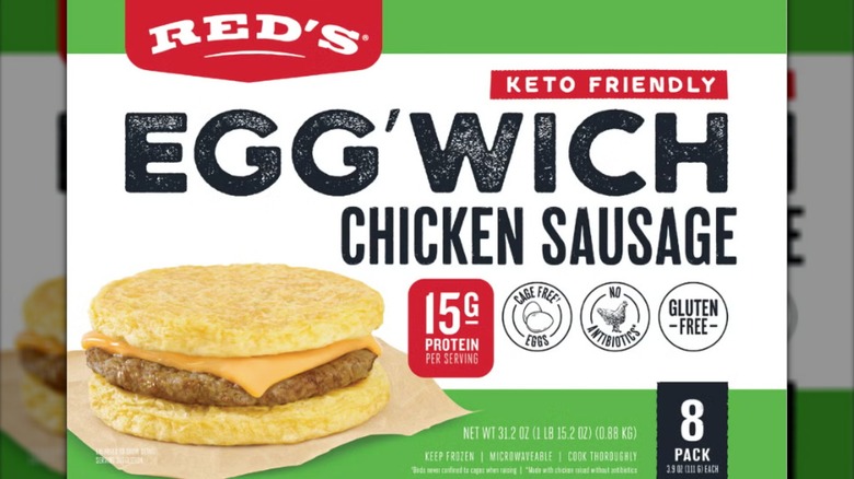 Package of keto-friendly chicken sausage sandwiches with eggs in place of the bread.