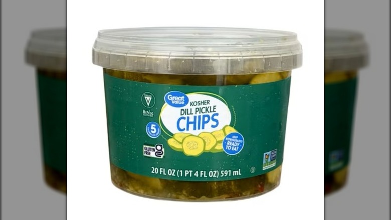 Container of dill pickle chips.