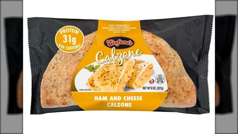 Package with ready-to-heat ham and cheese calzone.