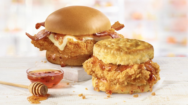 Fried chicken sandwich and biscuit flavored with hot honey from Hardee's.
