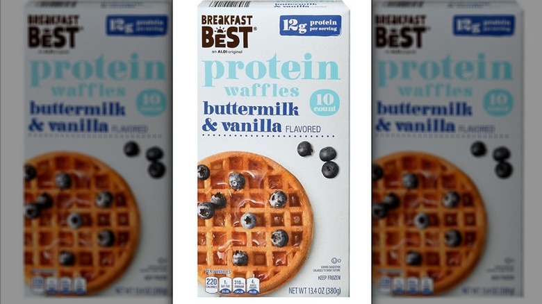 A box of Breakfast Best Protein Waffles Buttermilk and Vanilla Flavored