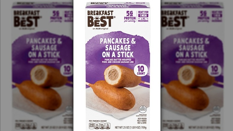 A box of Breakfast Best Frozen Pancakes & Sausage On-A-Stick