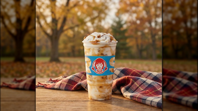 Wendy's Frosty on wooden picnic table with plaid scarf.