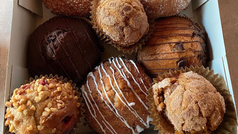 Closeup of assorted Wegmans muffins in a box