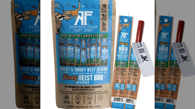 Bag of individually wrapped beef sticks in honey barbecue flavor.
