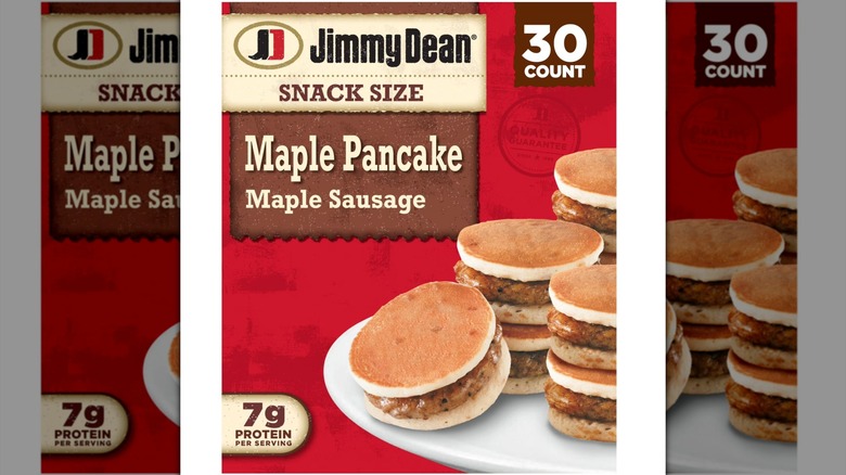 Box of Jimmy Dean pancake sandwiches against white background.