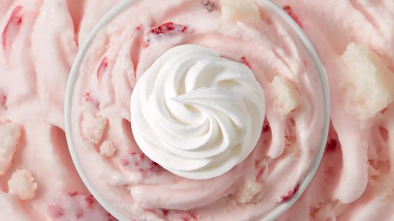 overhead closeup of Dairy Queen Strawberry Angel Food Cake Blizzard