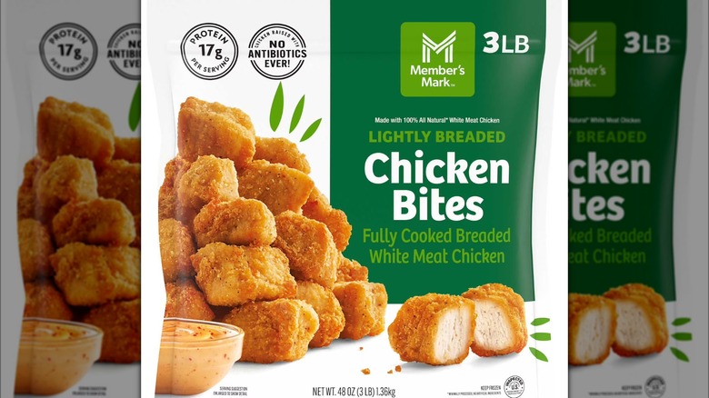 Bag of Member's Mark chicken bites against white background.