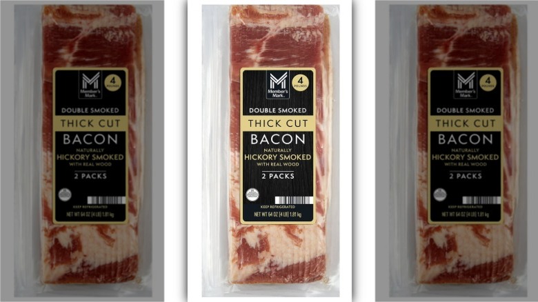 Member's Mark double-smoked thick-cut bacon against white background.