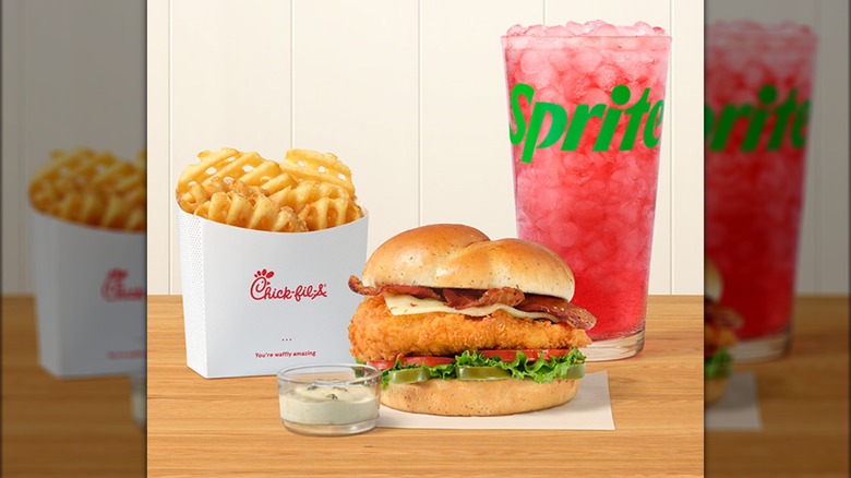 New sandwich from Chick-fil-A with ranch, waffle fries, and Sprite.
