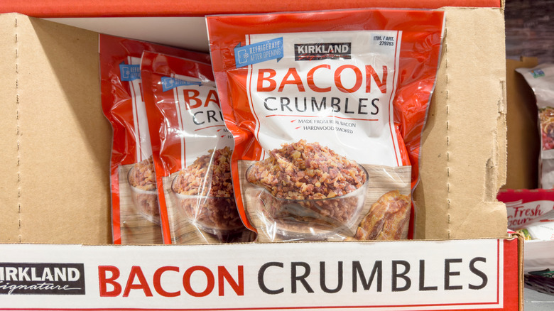 Kirkland Signature bacon crumble bags in a cardboard container