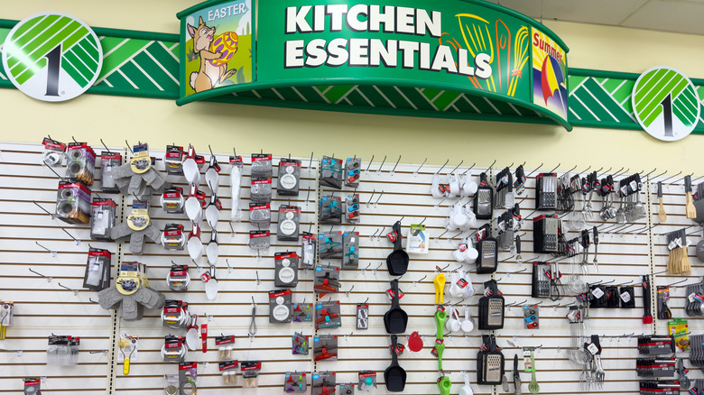 A Dollar Tree aisle selling kitchen essentials