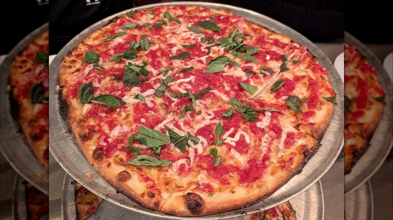 Tomato pizza topped with basil on a stainless steel pizza pan