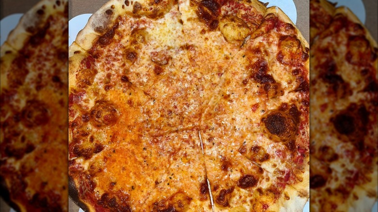 Overhead shot of a bubbling cheese pizza
