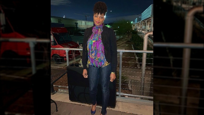 Dawn Burrell in a printed top