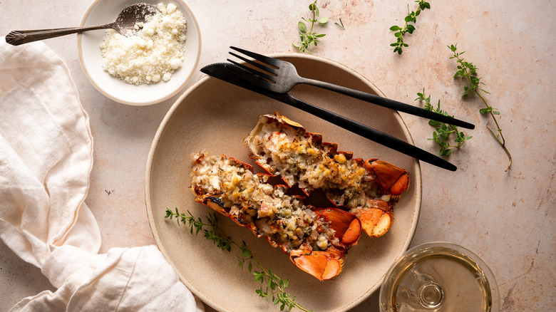 stuffed lobster tails on plate