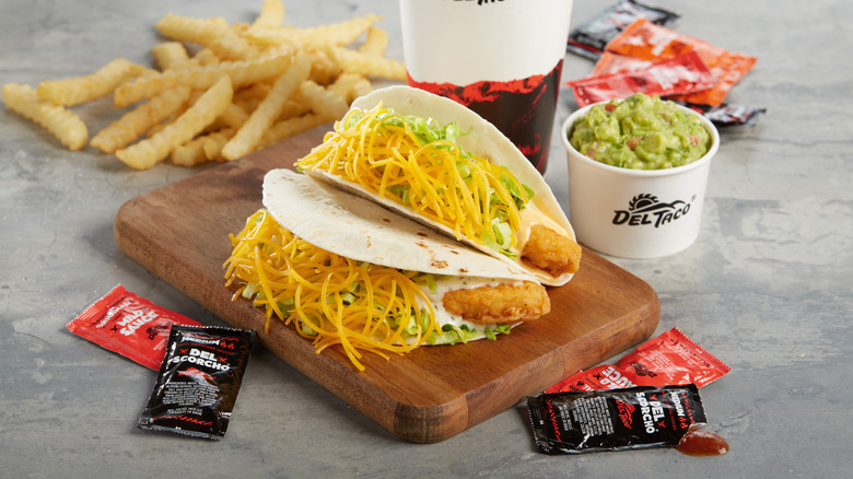 Del Taco crispy chicken tacos with fries and guac