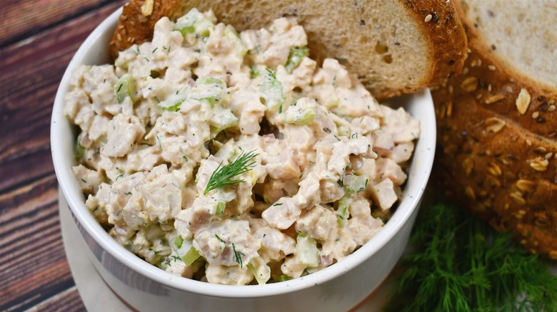 A bowl of deli-style turkey salad