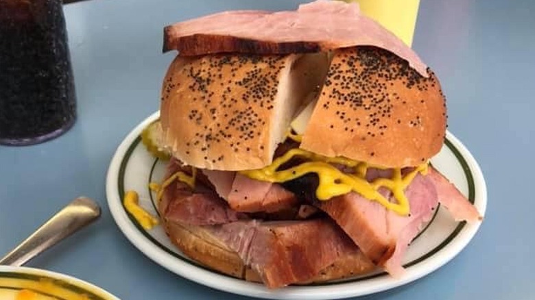 sandwich with thick ham and mustard from Mike's Famous Ham Place