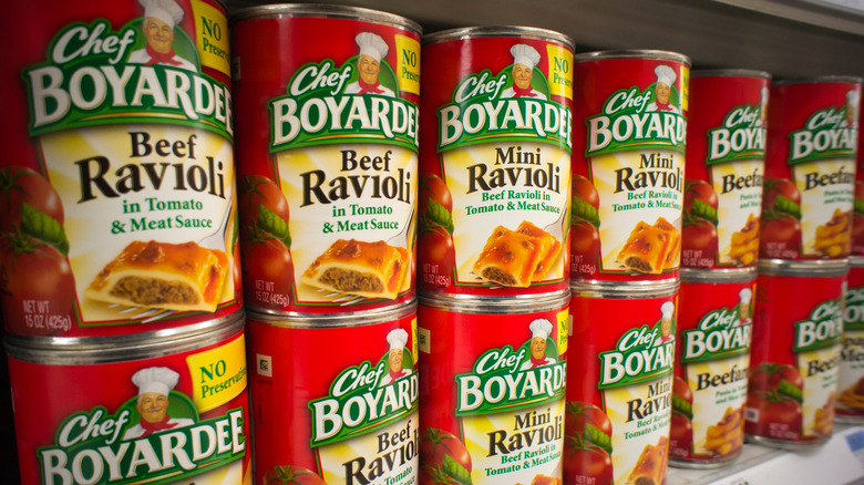 Stacks of Chef Boyardee cans