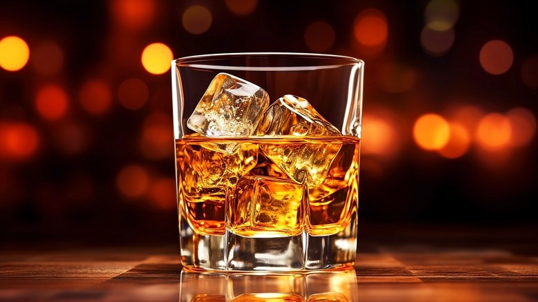 A glass of Scotch on the rocks.