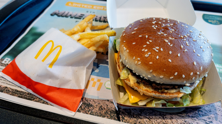 Big Mac and fries on tray at McDonald's.