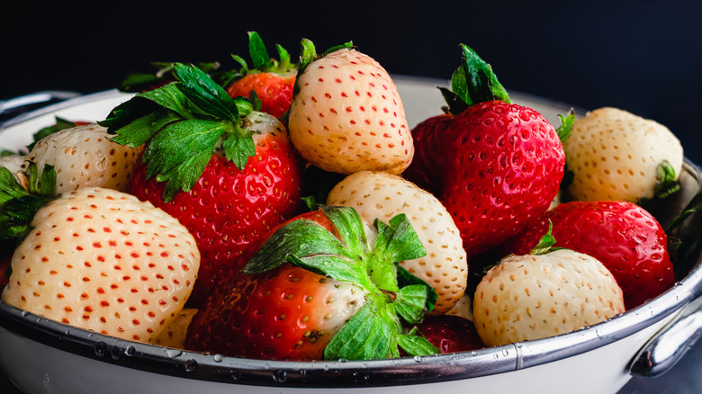 Bowl of red and white strawberries