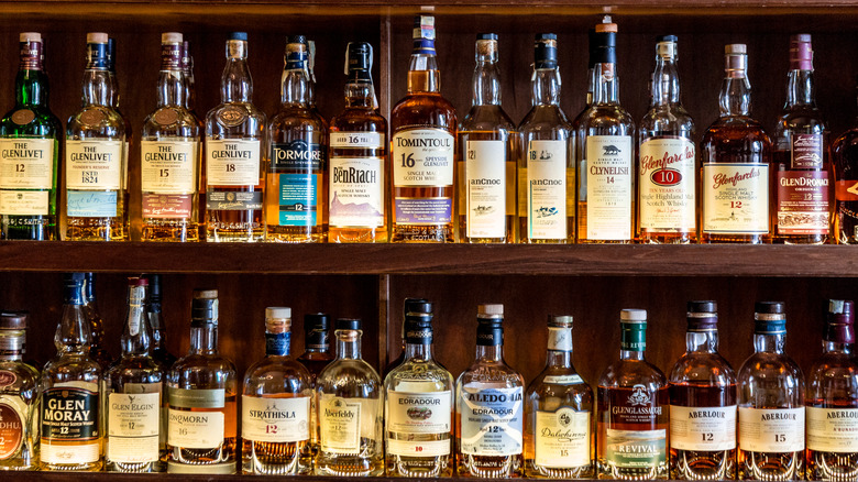 Whiskey bottles on display