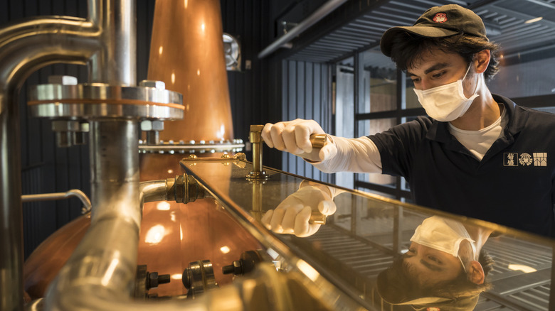 Distillery operator checking on the whiskey distillation process