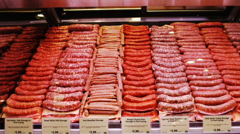 Multiple varieties of Italian sausages at a Whole Foods supermarket in New York