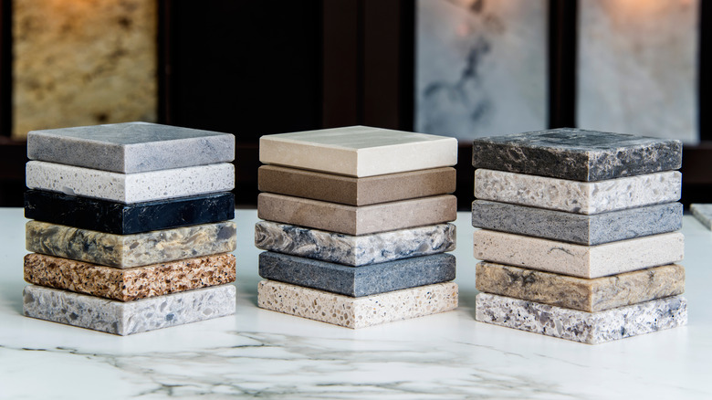 Various countertop samples in different colors and patterns