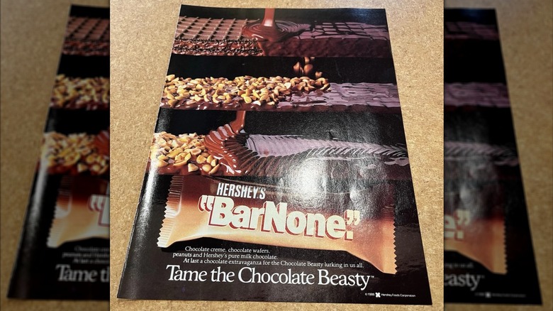 A vintage Hershey's Bar None advertisement featuring layered chocolate, peanuts, and wafers