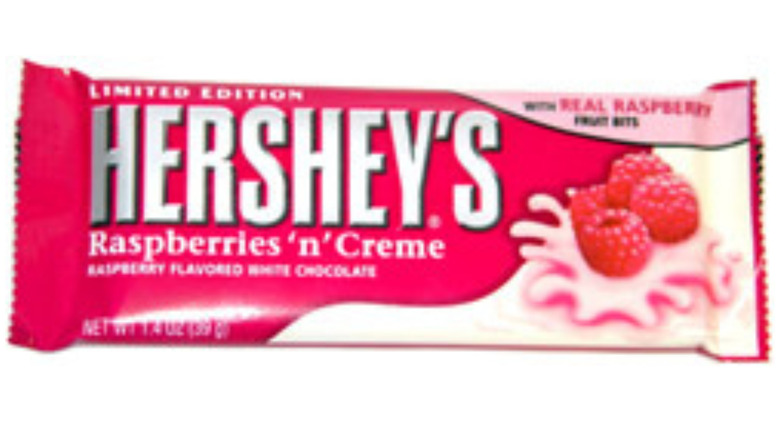 A Hershey's Raspberries' n' Creme Bar wrapper