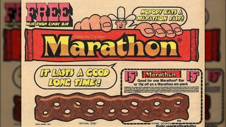 Vintage advertisement for the Marathon bar, featuring retro text, a cartoon figure, and an illustration of a long candy bar